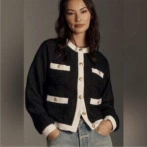 Anthropologie Black & White Tweed Jacket Blazer | Gold Buttons | XS